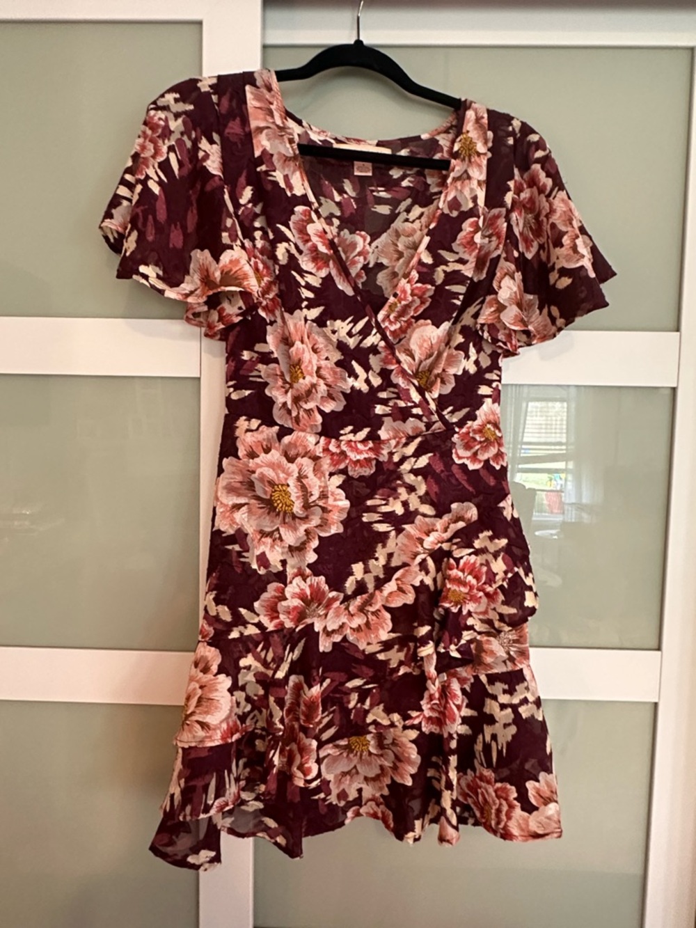 Floral Wrap Mini Dress in Burgundy and Pink